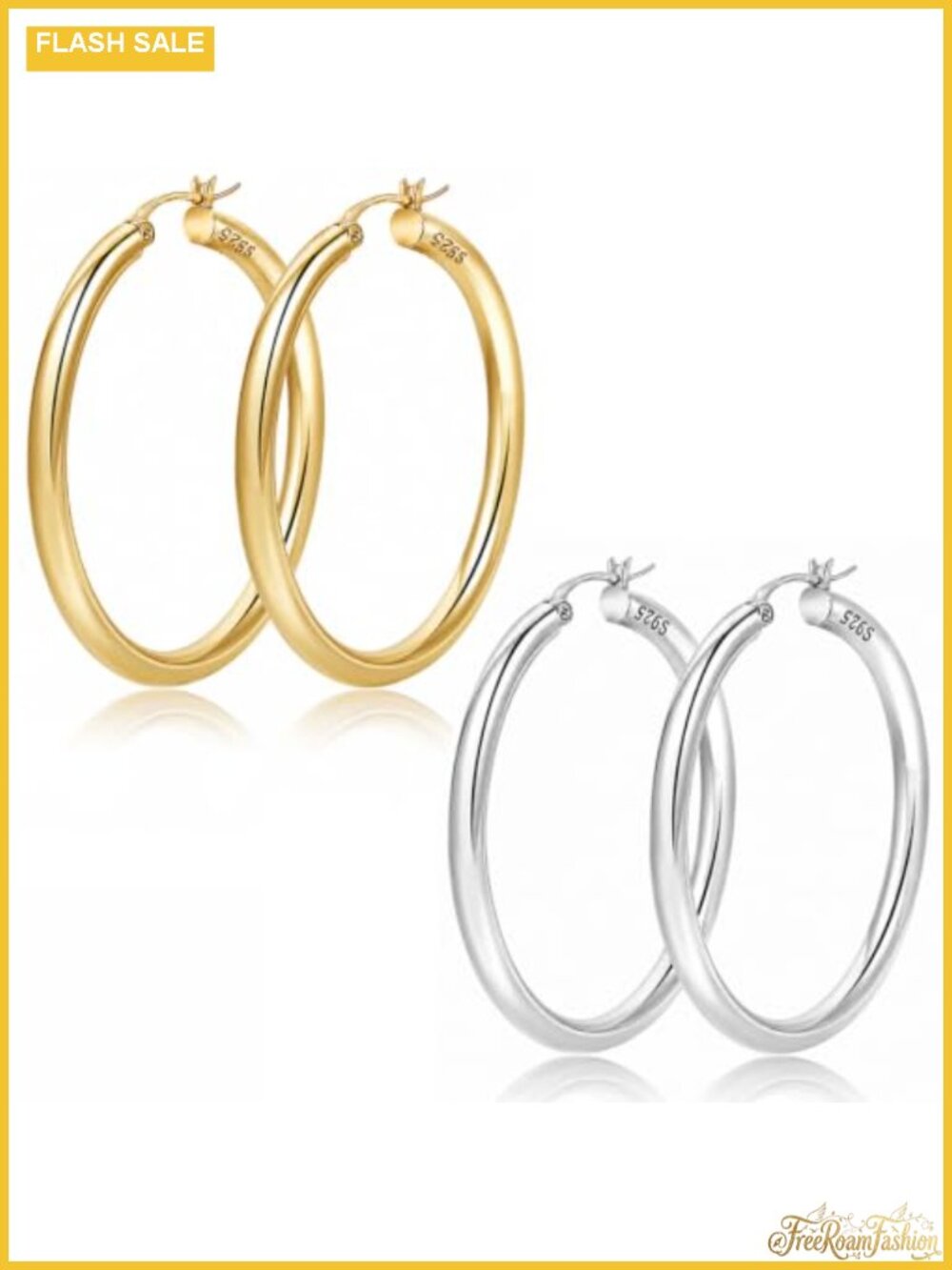 Women's 2 Pair Sterling Silver Hoop Earrings, 18K Gold Plated Hypoallergenic,